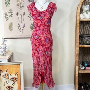 Vintage 90s Y2k Red Silk Floral Beaded Cowl Neck Dress Fairy Romantic L 10